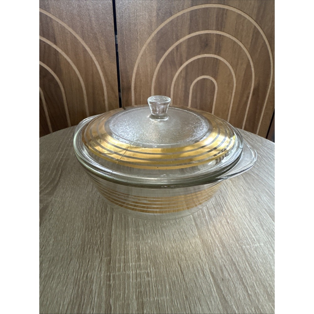 Inlaid Glass Golden Stripe Ovenware Casserole Dish With Lid Vintage Clear Glass